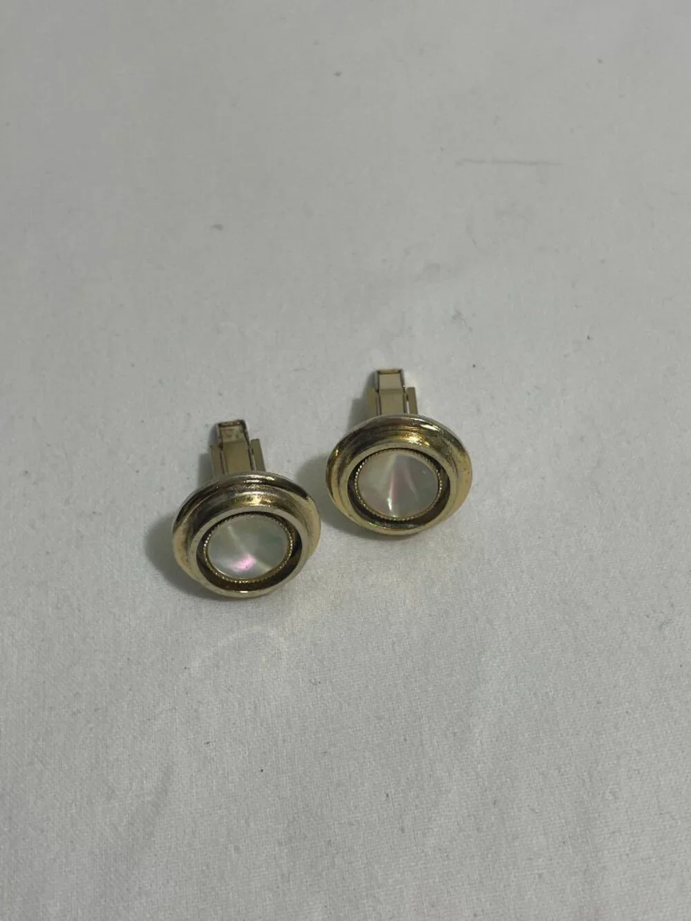 Vintage Gold Tone Mother of Pearl Round Cuff Links Pair Men's Dress Formal